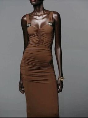 ZARA NEW SEASHELL POLYAMIDE SIZE SMALL Brown Ruched Midi Dress REF 1026/158